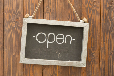 Café open sign chalkboard on wood