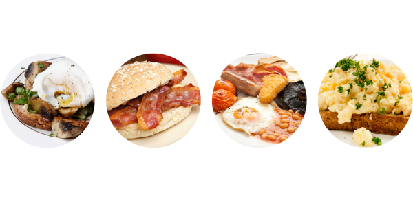 Mushrooms on toast, bacon roll, full English breakfast, scrambled eggs on toast