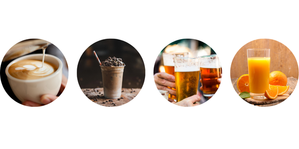 Coffee, iced coffee, beer, juice