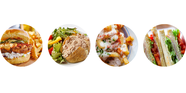 Chicken burger, jacket potatoes, loaded fries, sandwiches